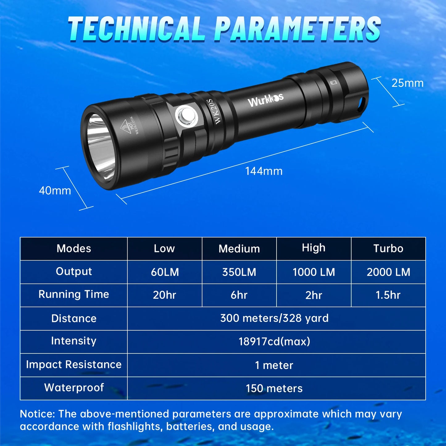 Wurkkos WK20S Professional Diving Flashlight 18650 illuminated lamp 2000LM SST40 LED Camping IPX8 Survival Outdoor Lights