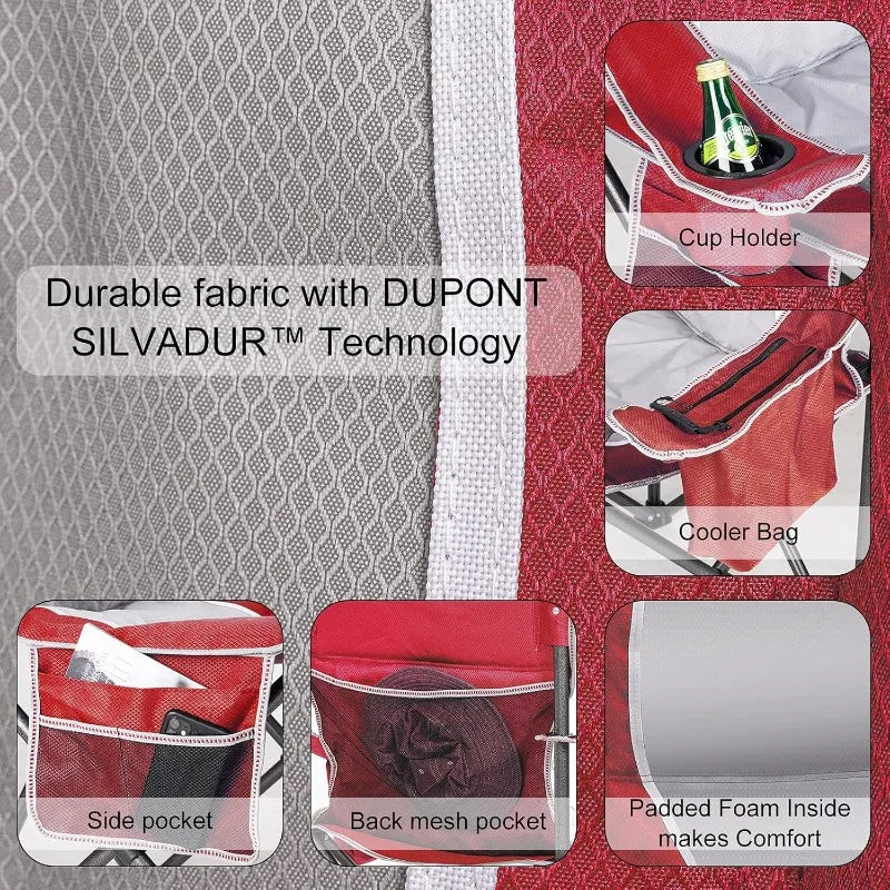 Padded Camping Chairs, Oversized Folding Outdoor Chairs, with Cooler Bag, Cup Holder, Storage Pocket Carry Bag (Red - 2 Pack)
