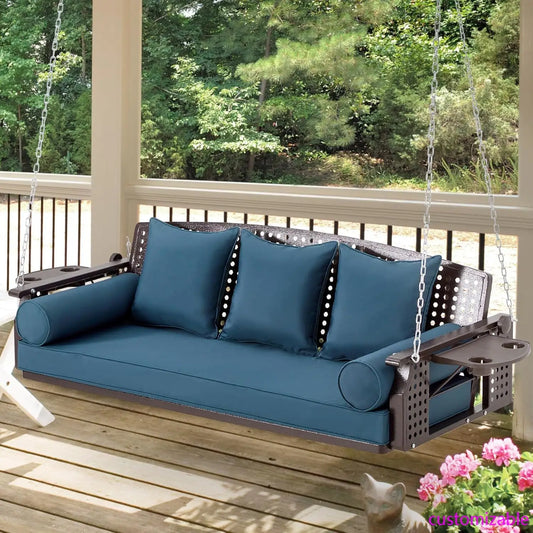 3 Seat Porch Swing, Patio Swing Bench with Cup Holders & 3 Back Cushions, Swing Chair with Chains for Deck Garden Backyard