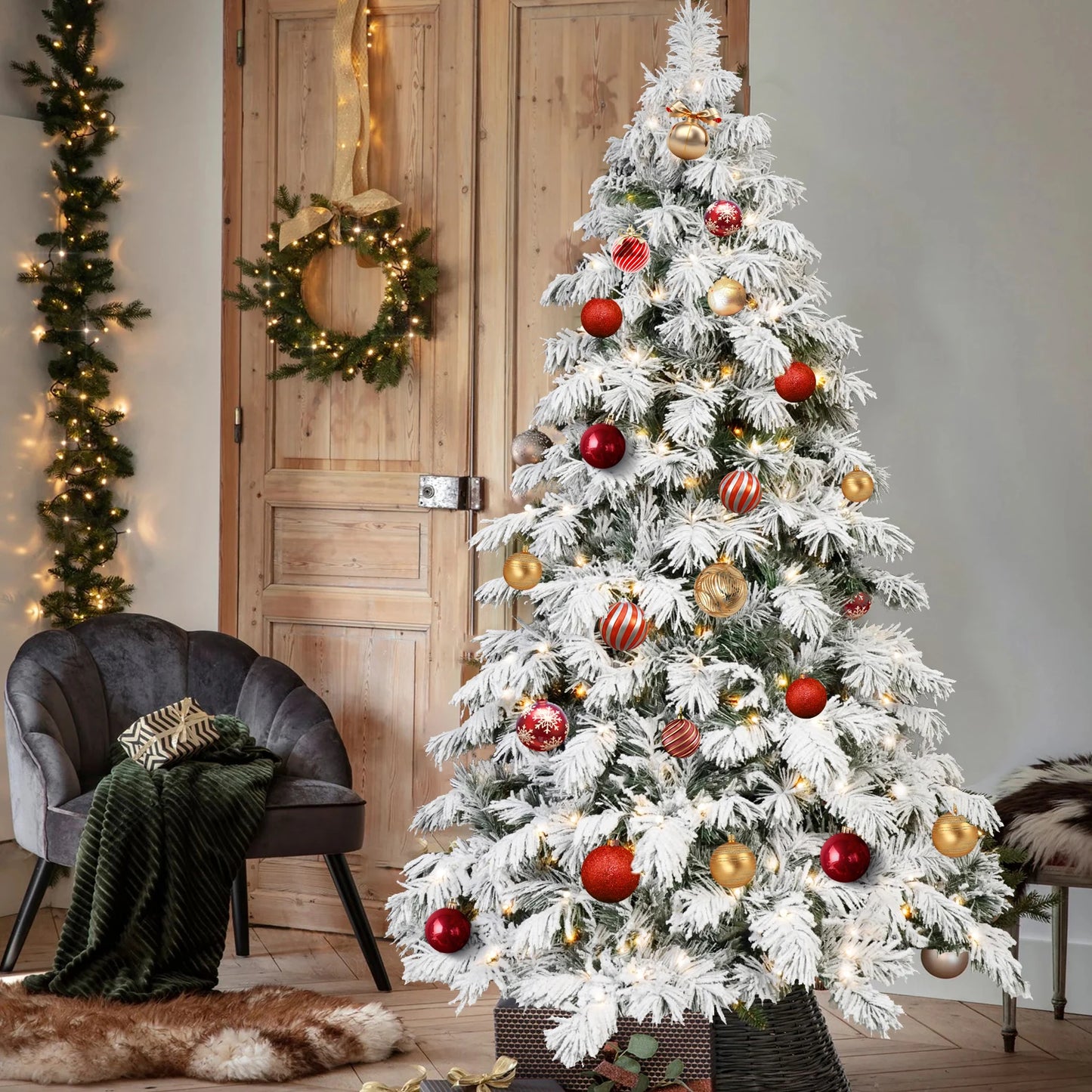 Makeatree Artificial Christmas Tree PVC Snow Flocked Fake Christmas Tree With Lights