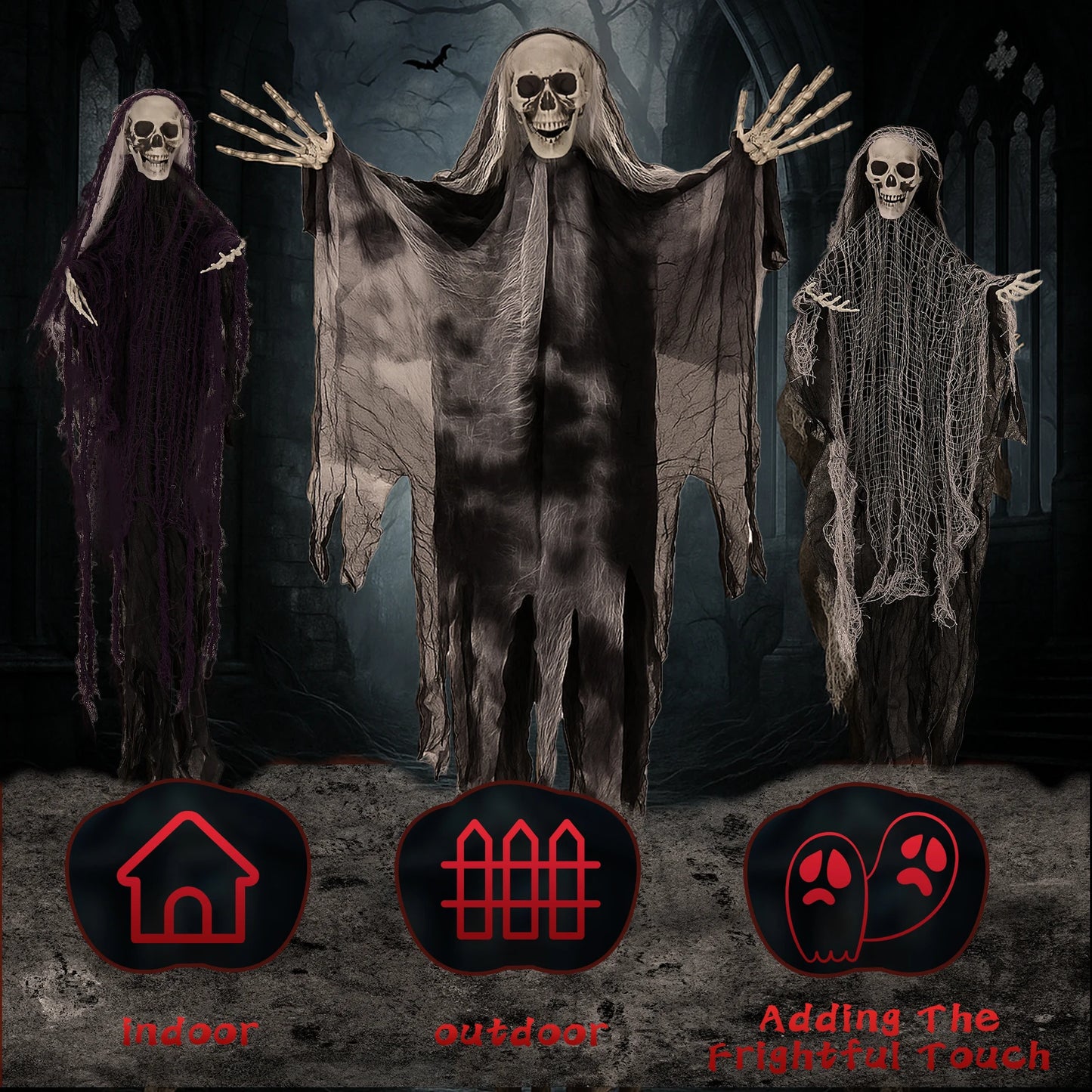 3 Pack Hanging Halloween Skeleton Ghosts Decorations, Grim Reapers for Best Halloween Outdoor Decorations