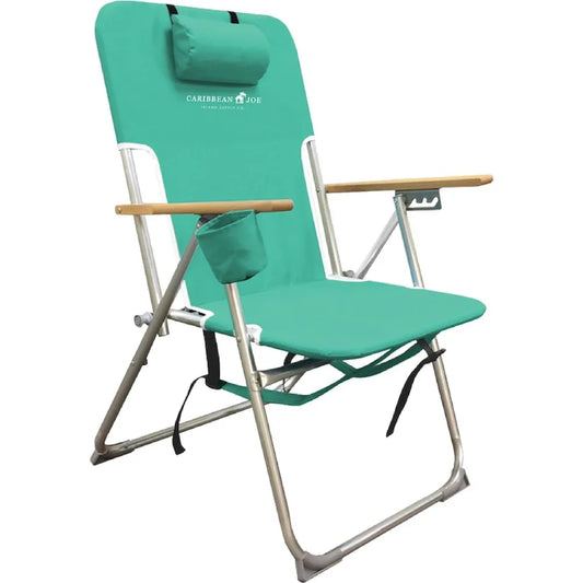 Portable Folding Beach Chair with Adjustable Positions, Backpack Design, Headrest, Cup Holder, and Wooden Arms for Camping and O