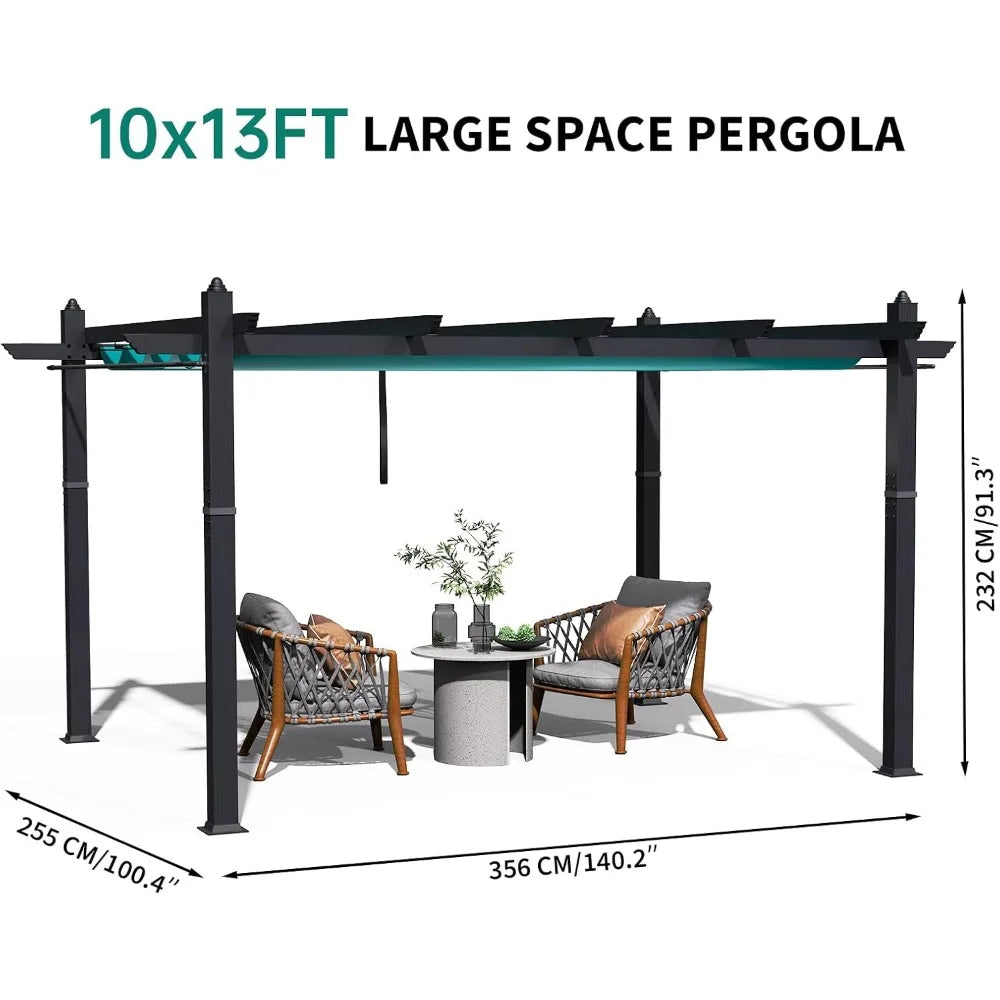 10×13 FT Heavy Duty Aluminum Pergola with Adjustable Canopy & Side Mesh Screen, Rust-Proof Outdoor Gazebo for Patio, Backyard &