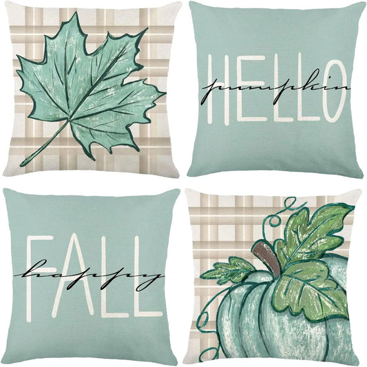 4 Pack Fall Pillow Covers Decoration,18x18in Blue Buffalo Plaid Farmhouse Pumpkin Maple Leaves Thanksgiving Fall Throw Pillows C