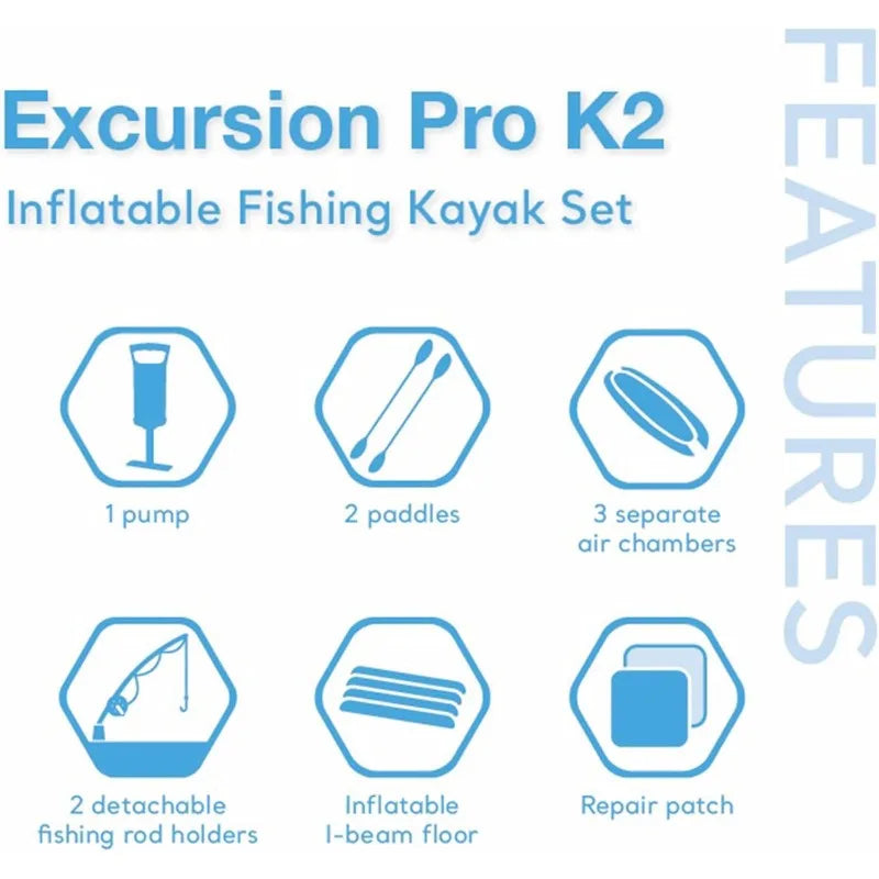 68309EP Excursion Pro K2 Inflatable Kayak Set: Includes Deluxe 86in Kayak Paddles and High-Output Pump – SuperTough PVC –