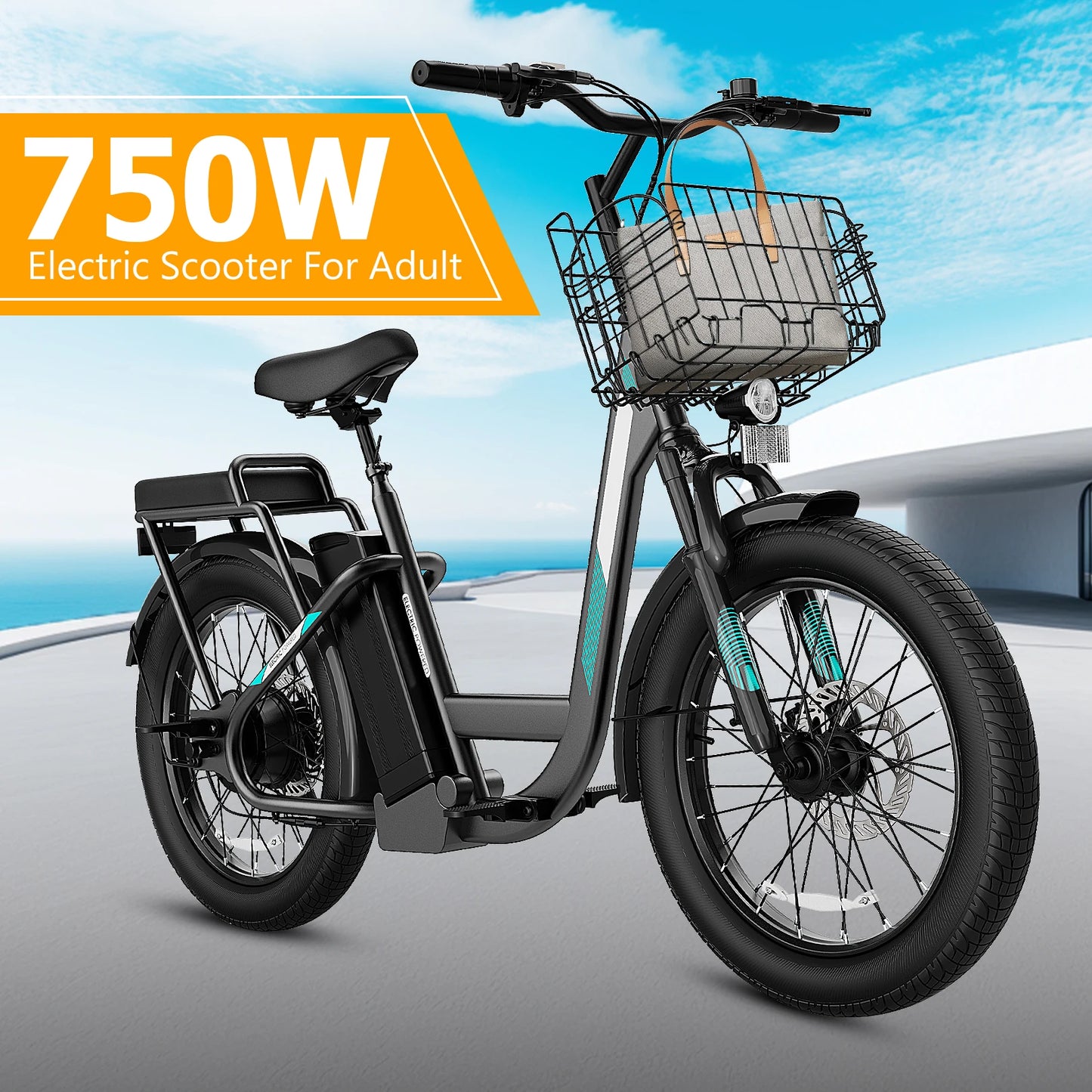 Electric Scooter with Seat, 48V Removable Battery E-Bike, Up to 30Miles&20MPH, 500/800/1200W Motor, 20" Fat Tire Adult Electric
