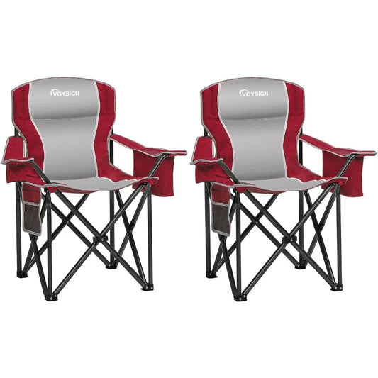 Padded Camping Chairs, Oversized Folding Outdoor Chairs, with Cooler Bag, Cup Holder, Storage Pocket Carry Bag (Red - 2 Pack)