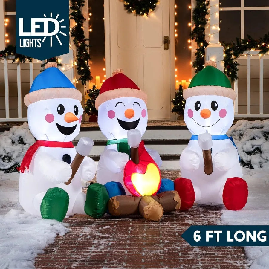 6 FT Long Christmas Inflatable Snowman with Campfire 3 Pack Small Snowman with Builtin LEDs Christmas Blow Up Yard Decoration w