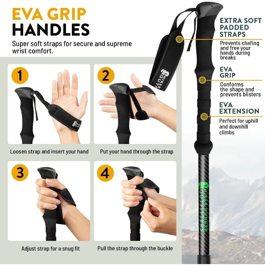 100 Carbon Fiber Trekking Poles by USA Brand Ultra Strong Lightweight Collapsible Hiking Poles with Cork and EVA Foam Grips Qui