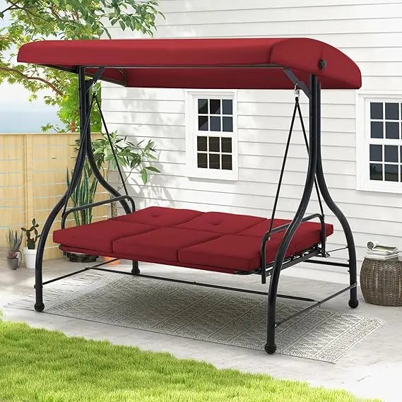 U-MAX Porch Swing Chair with Adjustable Backrest&Canopy, 3 Seat Patio Swing with Canopy 2-in-1 Convertible Outdoor Swing with Ca