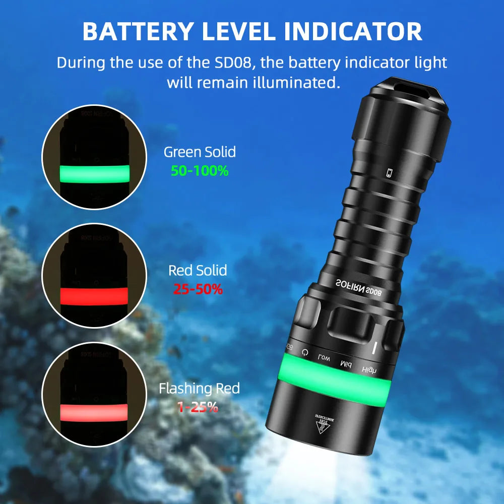 Sofirn SD08 3200lm Range 385m Diving Flashlight Powerful Rechargeable 21700 Underwater Deep Flashlight with 360° RGB Indicator
