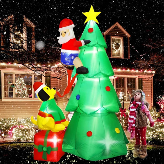 8ft Christmas Inflatables Tree Blow Up Yard Decoration with Santa Claus Dog and Boxes for Indoor Outdoor Yard Garden Christmas