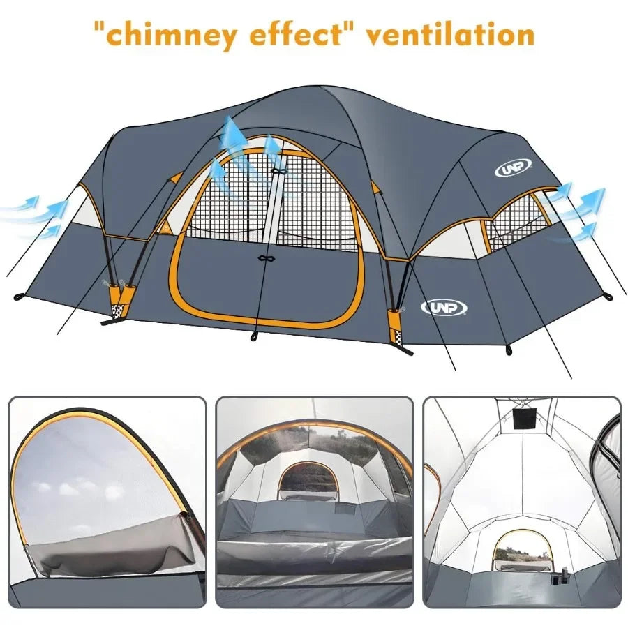 Camping Tent 10PersonFamily Tents Parties Music Festival Tent Big Easy Up 5 Large Mesh Windows Double Layer 2 Room Waterproof W