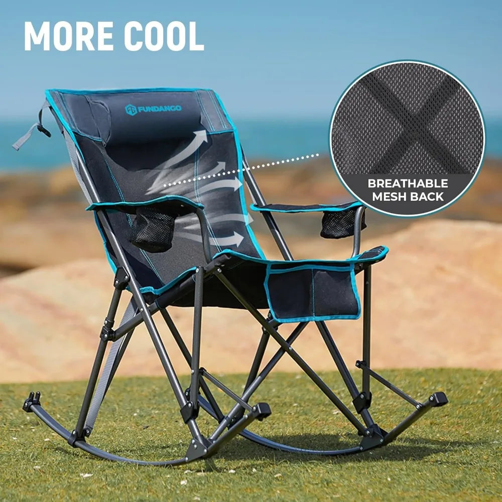 Rocking Camping Chair, High Mesh Back Portable Folding Camp Chairs with Pillows, Cup Holder and Carry Bag for Lawn Patio Garden