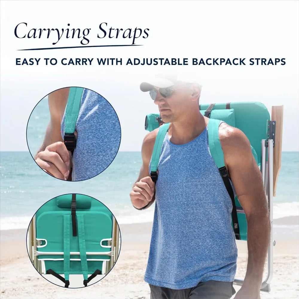 Portable Folding Beach Chair with Adjustable Positions, Backpack Design, Headrest, Cup Holder, and Wooden Arms for Camping and O