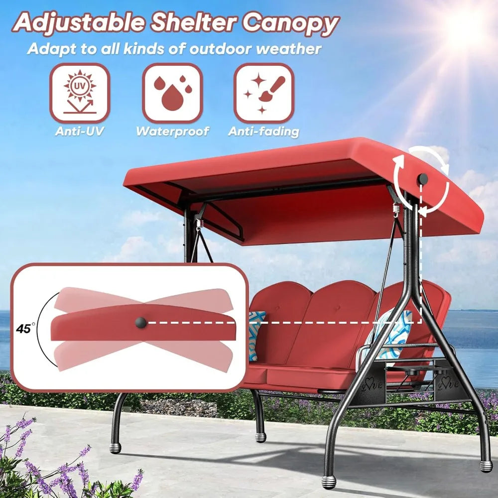 3 Seat Outdoor Porch Patio Swing with Stand 800lbs 2-in-1 Convertible Swing Bed with Adjustable Canopy & Removable Cushion