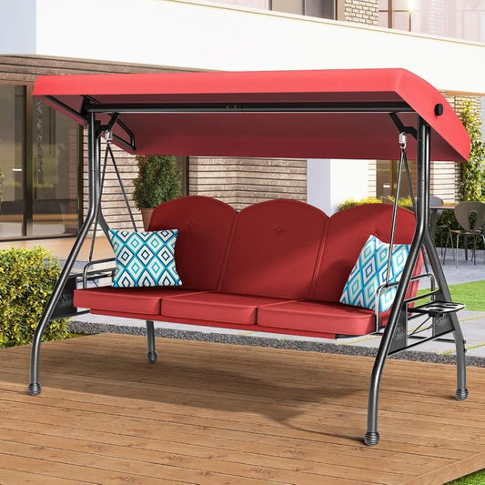 3 Seat Outdoor Porch Patio Swing with Stand 800lbs 2-in-1 Convertible Swing Bed with Adjustable Canopy & Removable Cushion
