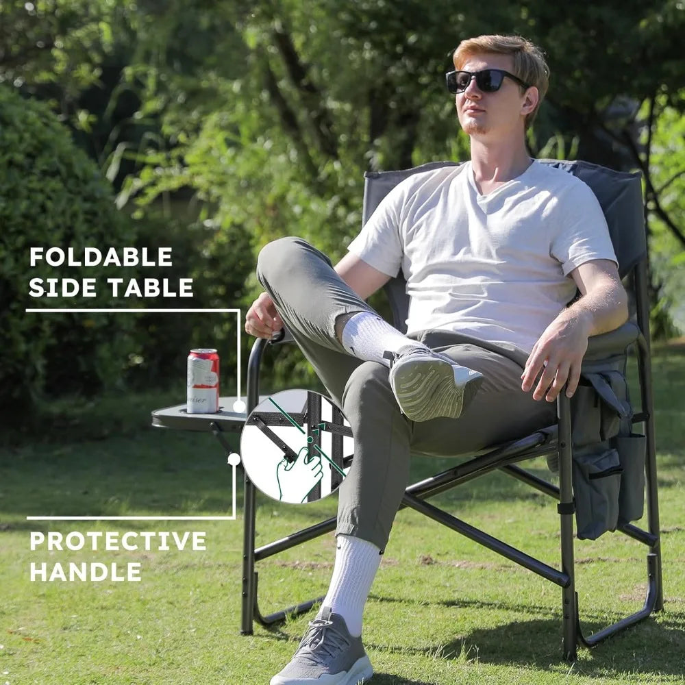 Pair of Heavy-Duty Oversized Directors Folding Chairs Supporting 600 LBS, Outdoor Chairs with Detachable Pocket