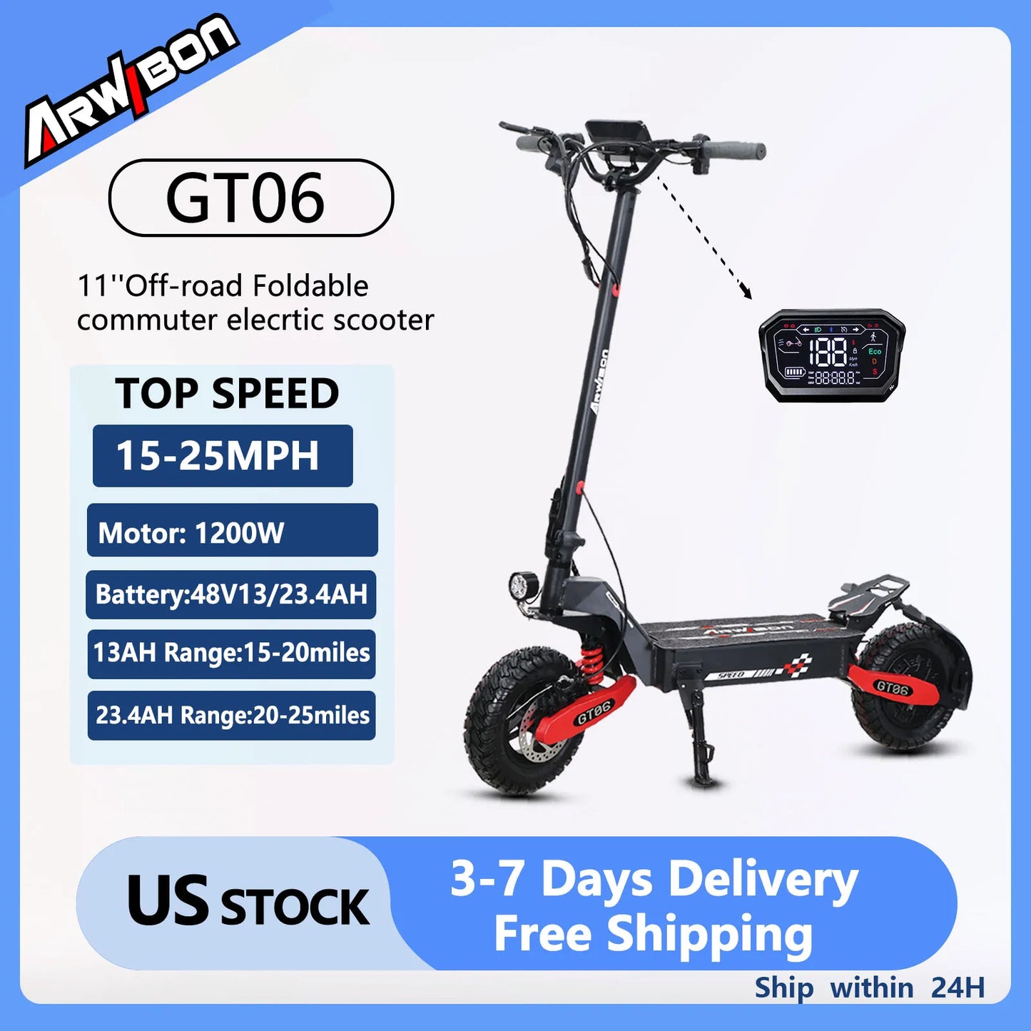 Arwibon GT06 1200W Adult Electric Foldable Commuter EScooter,Speed up to 30MPH,48V /13/23.4AH,11" Off-Road Tires,F/R Disc Brakes