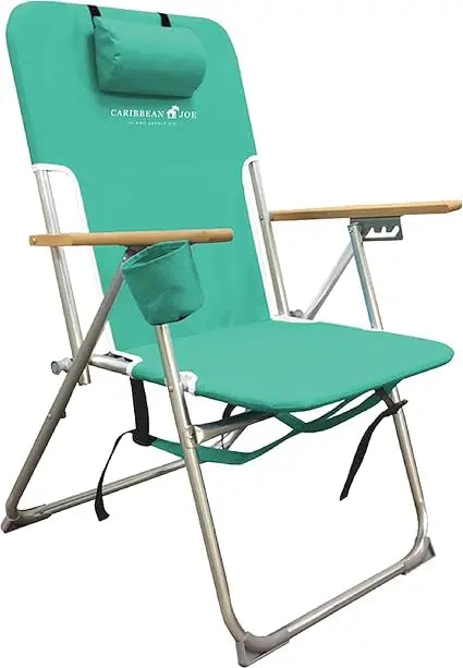 Portable Folding Beach Chair with Adjustable Positions, Backpack Design, Headrest, Cup Holder, and Wooden Arms for Camping and O