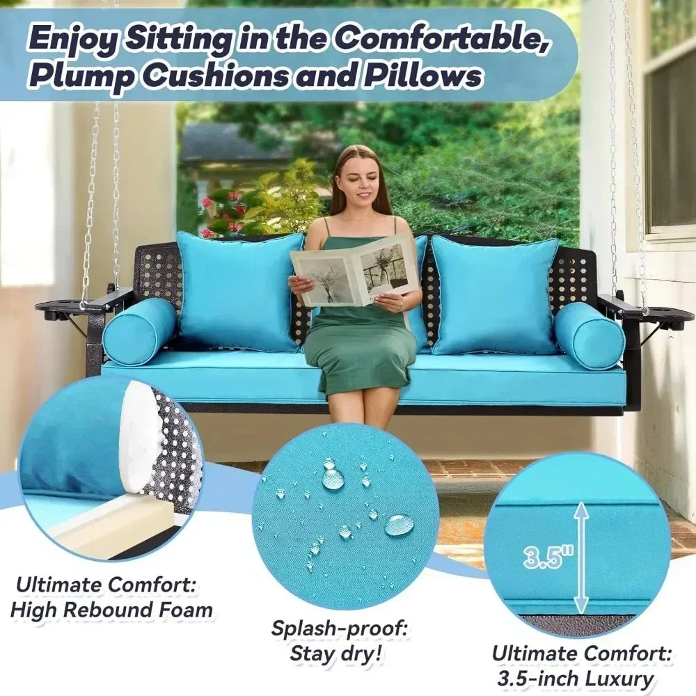 3 Seater Porch Swing, Patio Swing Bench with Cup Holder and 3 Back Cushions, Swing Chair with Chain