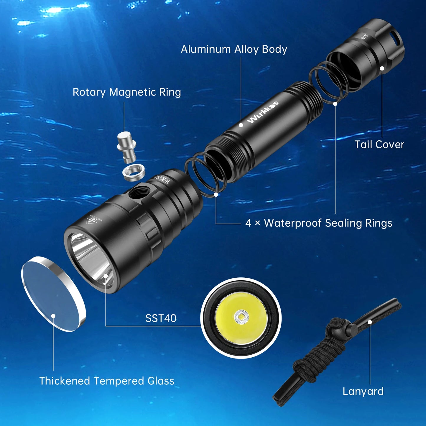 Wurkkos WK20S Professional Diving Flashlight 18650 illuminated lamp 2000LM SST40 LED Camping IPX8 Survival Outdoor Lights