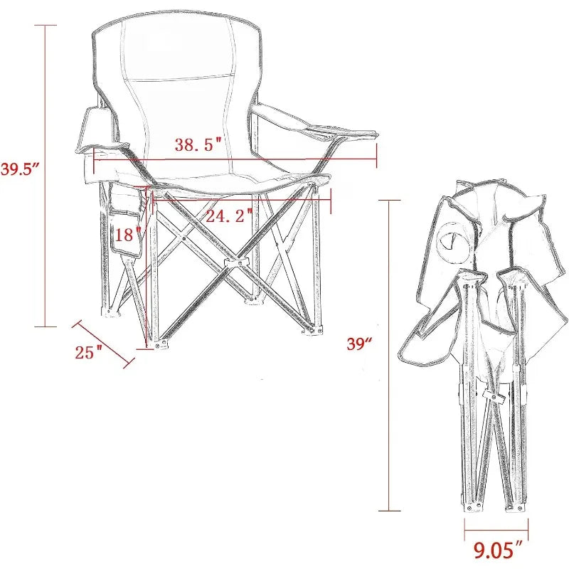 Padded Camping Chairs, Oversized Folding Outdoor Chairs, with Cooler Bag, Cup Holder, Storage Pocket Carry Bag (Red - 2 Pack)