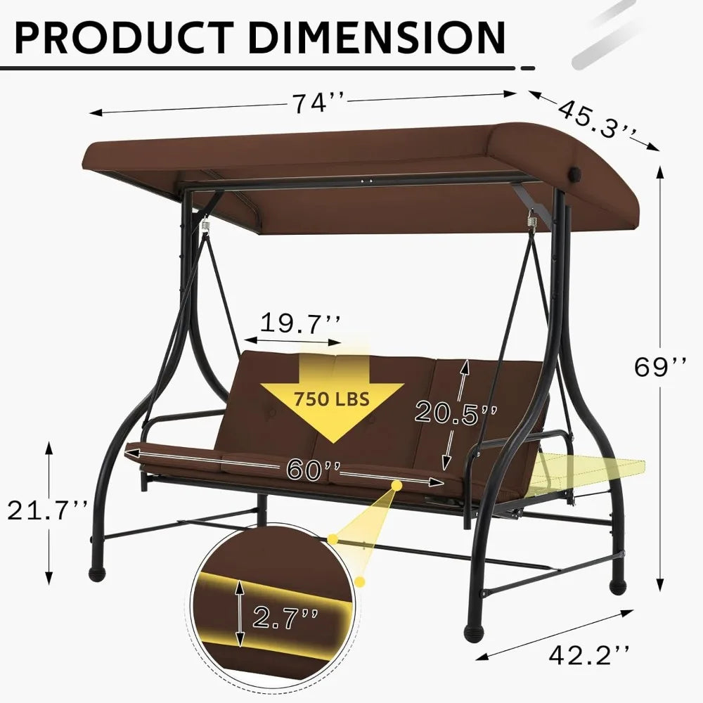 U-MAX Porch Swing Chair with Adjustable Backrest&Canopy, 3 Seat Patio Swing with Canopy 2-in-1 Convertible Outdoor Swing with Ca
