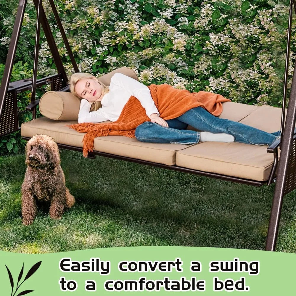 Oversized Outdoor Porch Swing with Hardtop, 3 Seat Patio Swing with 2 Side Cup Holder, 3-in-1 Convertible Backrest Swing Bed wi