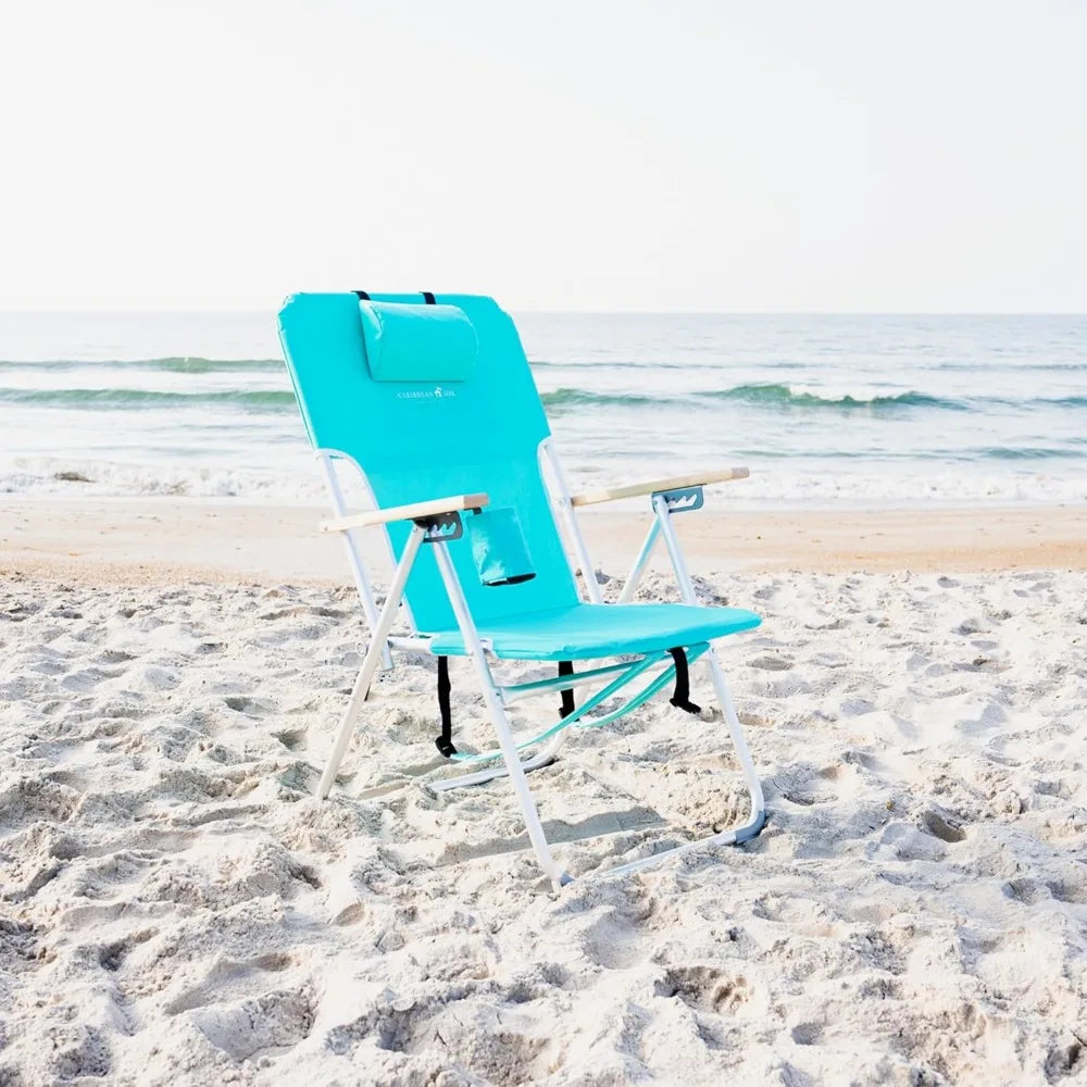 Portable Folding Beach Chair with Adjustable Positions, Backpack Design, Headrest, Cup Holder, and Wooden Arms for Camping and O