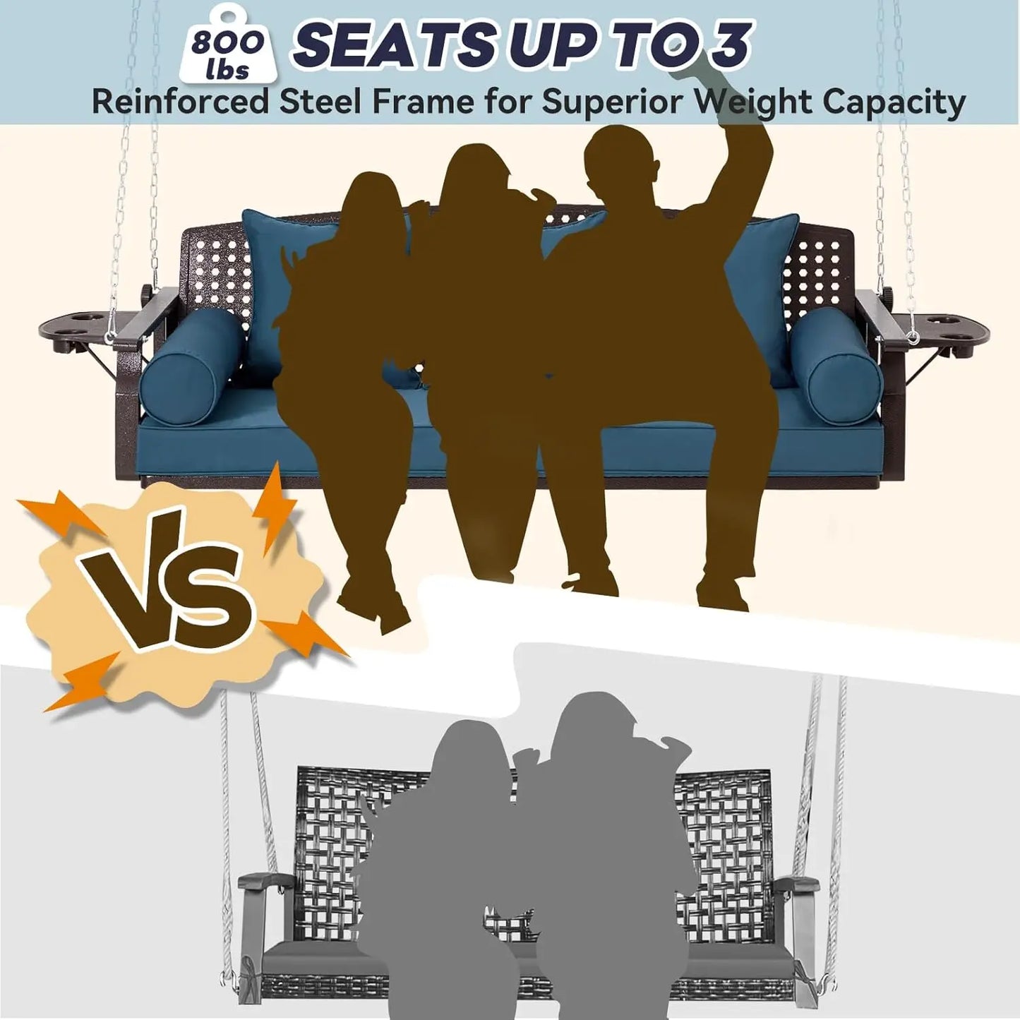 3 Seat Porch Swing, Patio Swing Bench with Cup Holders & 3 Back Cushions, Swing Chair with Chains for Deck Garden Backyard