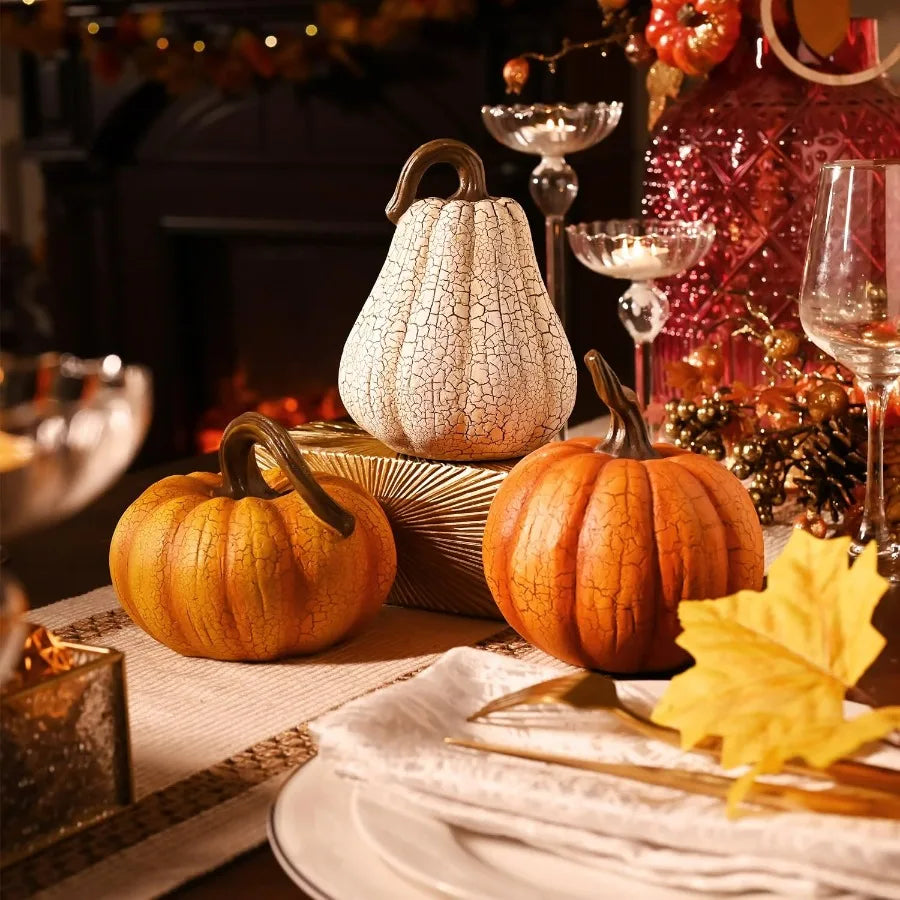 3pcs Resin Cracked Pumpkin Figurine Set for Fall Decoration 6.7 inch Autumn Harvest Thanksgiving Halloween Party Tabletop Cente