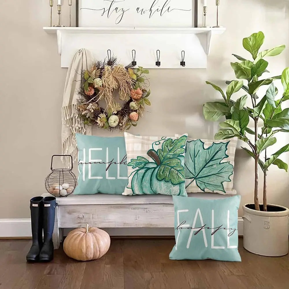 4 Pack Fall Pillow Covers Decoration,18x18in Blue Buffalo Plaid Farmhouse Pumpkin Maple Leaves Thanksgiving Fall Throw Pillows C