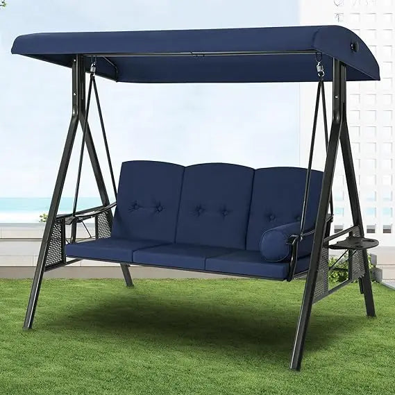 U-MAX Porch Swing Chair with Adjustable Backrest&Canopy, 3 Seat Patio Swing with Canopy 2-in-1 Convertible Outdoor Swing with Ca