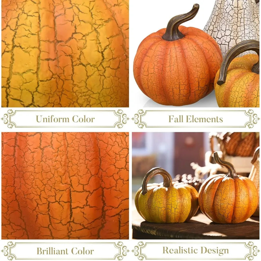 3pcs Resin Cracked Pumpkin Figurine Set for Fall Decoration 6.7 inch Autumn Harvest Thanksgiving Halloween Party Tabletop Cente