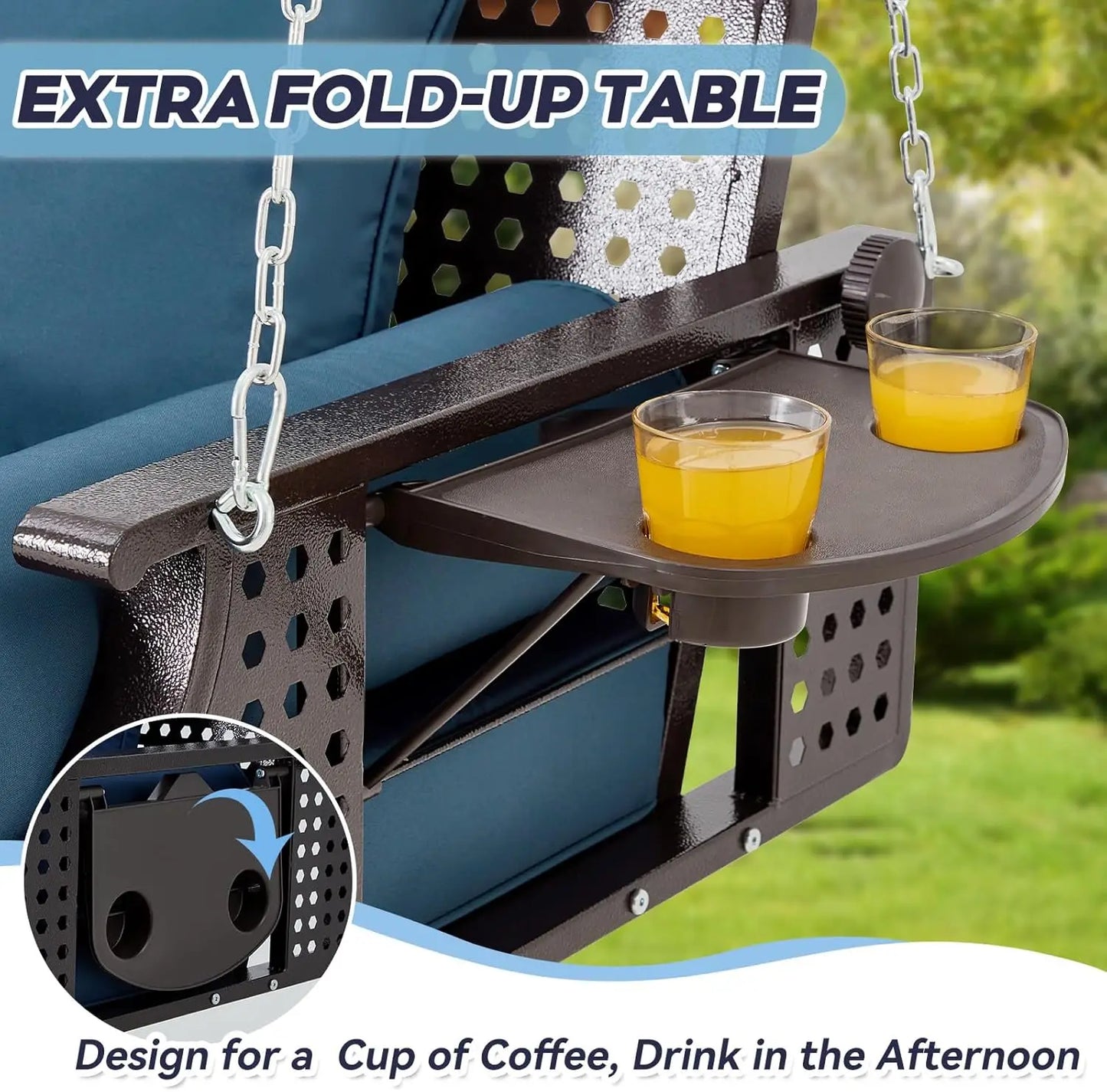 3 Seat Porch Swing, Patio Swing Bench with Cup Holders & 3 Back Cushions, Swing Chair with Chains for Deck Garden Backyard