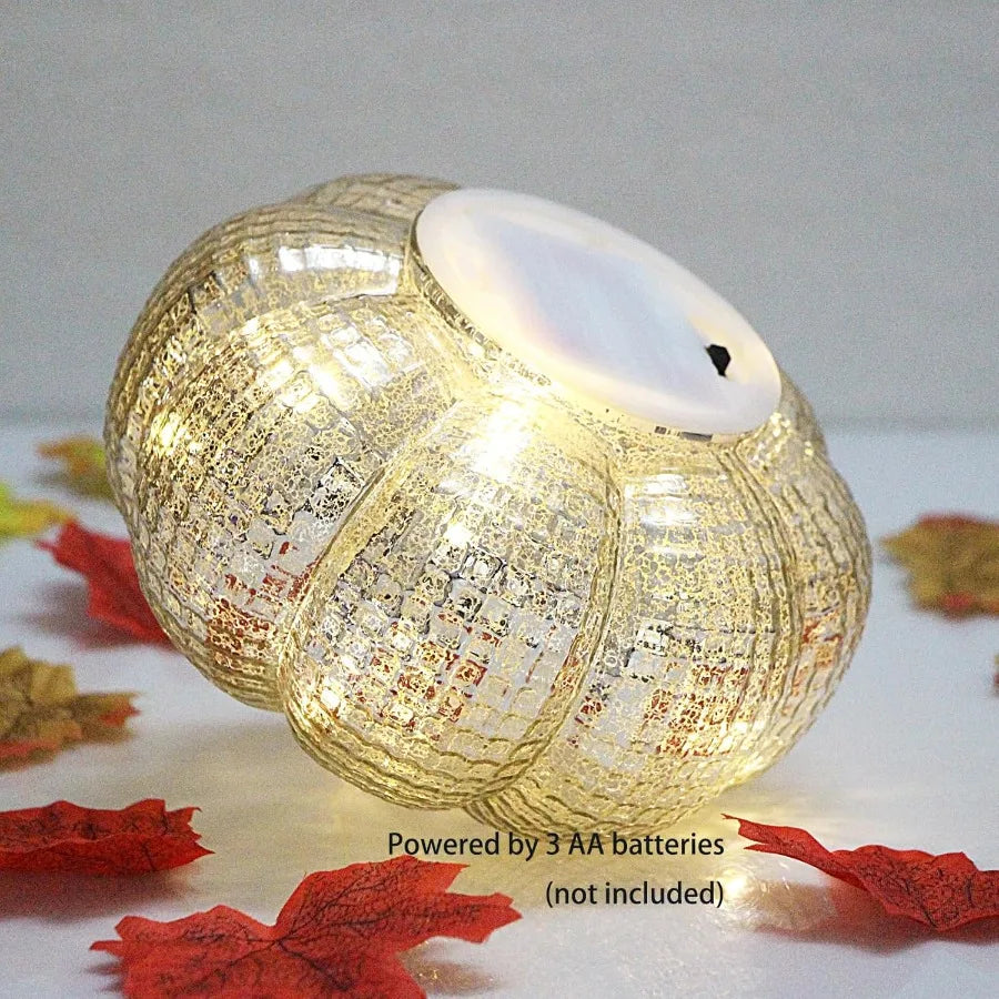 Rustic Halloween and Thanksgiving Decor: Silver GridPatterned Mercury Glass Pumpkin Lights with Timer Battery Operated LED Ligh