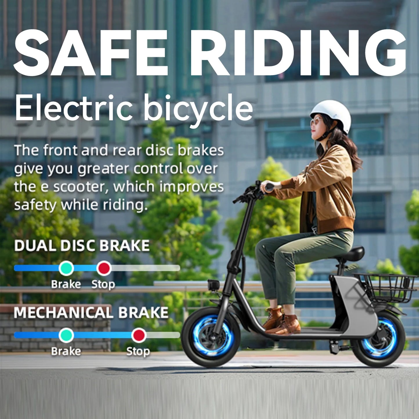 500W carbon steel electric front and rear dual disc brake bicycle for urban commuting with basket, adult electric bicycle