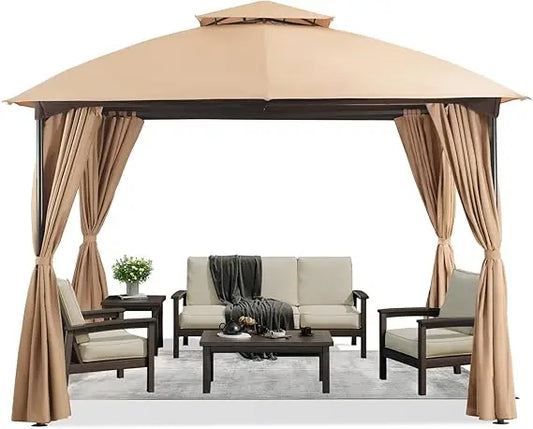 Patio Arc Gazebo Outdoor Canopy Tent 10'x10', Party Tent Shelter with Curtains & Expansion Bolts and Wind-Resistant Ropes for P