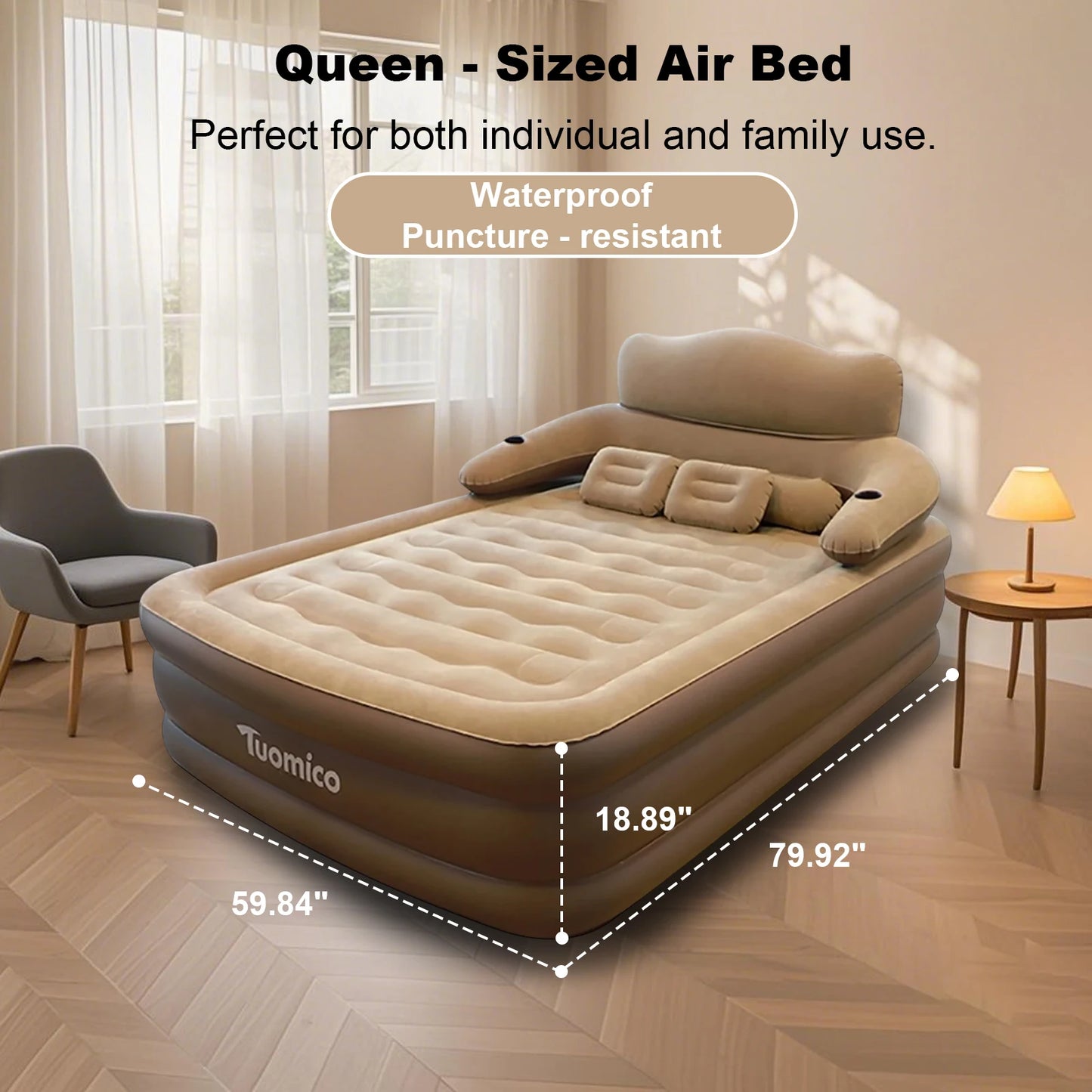Camping Air bed with Backrest Camping Folding Home Indoor Outdoor 2 Persons Inflatable Mattress Air Cushion 48cm High Bed