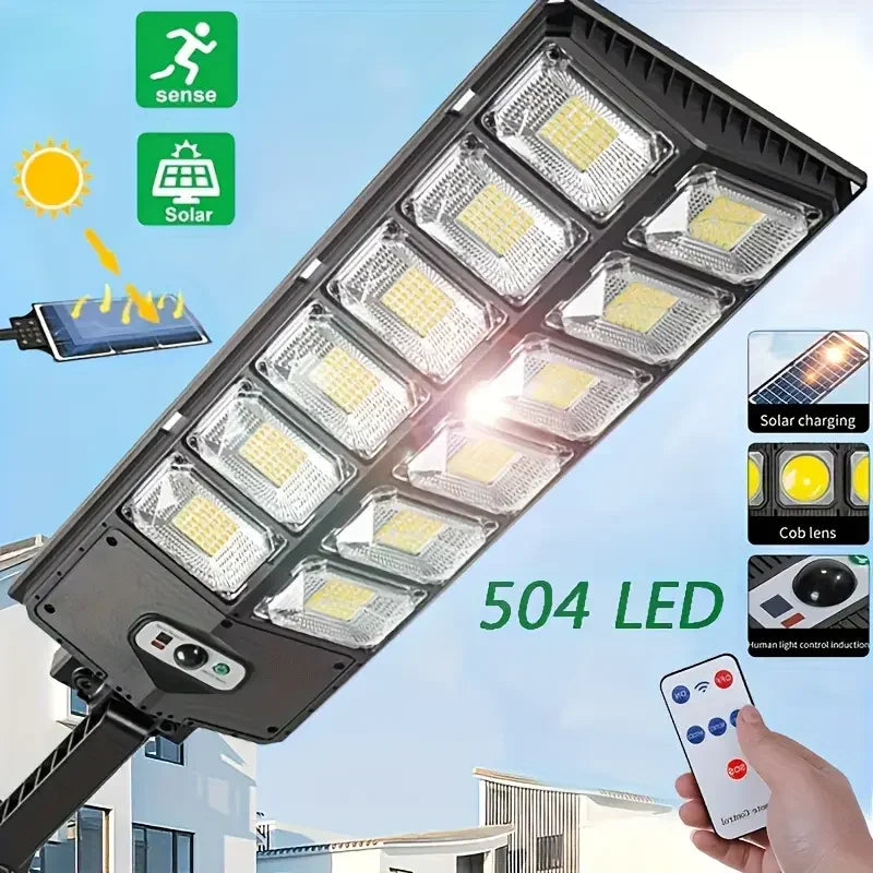 1Pc Ip65 Waterproof Solar Street Light Outdoor 6500K 100000Lm High Brightness 504 Led Solar Parking Lot Light, with Foldable Bracket Solar Flood Light (Wide Angle Motion Sensor Remote Control), for Commercial Area Lighting, C