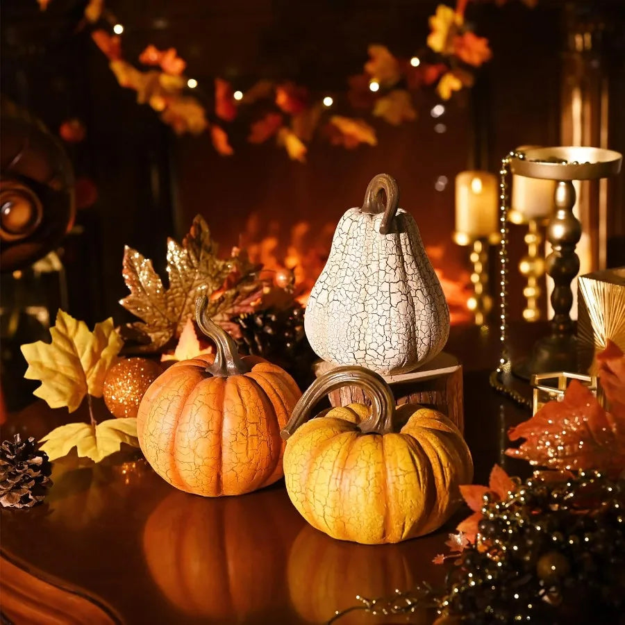 3pcs Resin Cracked Pumpkin Figurine Set for Fall Decoration 6.7 inch Autumn Harvest Thanksgiving Halloween Party Tabletop Cente