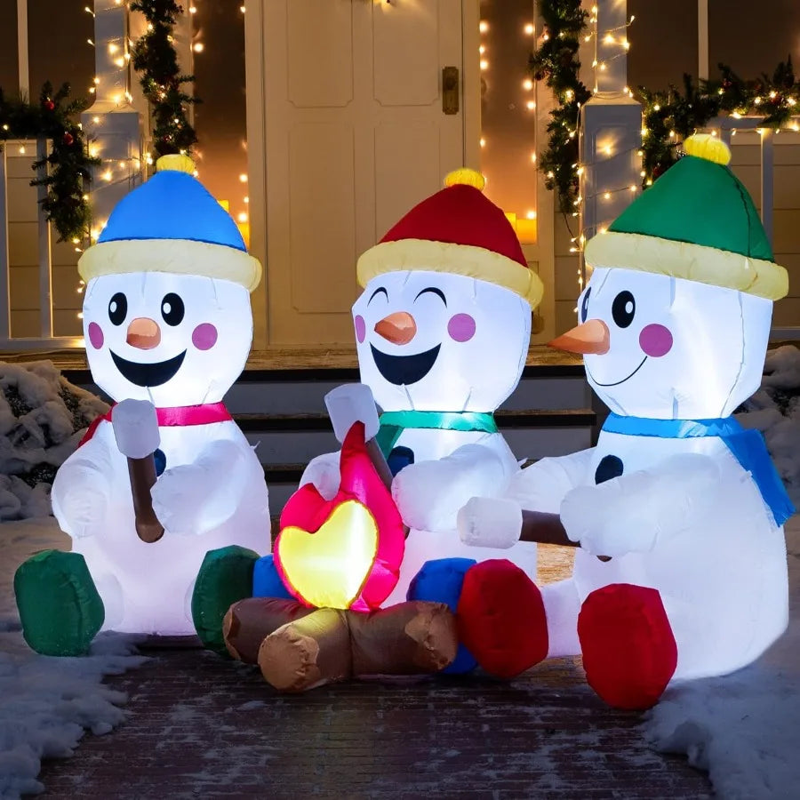 6 FT Long Christmas Inflatable Snowman with Campfire 3 Pack Small Snowman with Builtin LEDs Christmas Blow Up Yard Decoration w