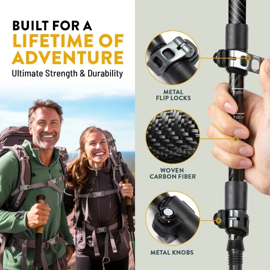 100 Carbon Fiber Trekking Poles by USA Brand Ultra Strong Lightweight Collapsible Hiking Poles with Cork and EVA Foam Grips Qui