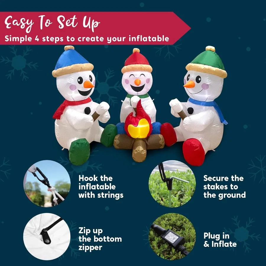 6 FT Long Christmas Inflatable Snowman with Campfire 3 Pack Small Snowman with Builtin LEDs Christmas Blow Up Yard Decoration w