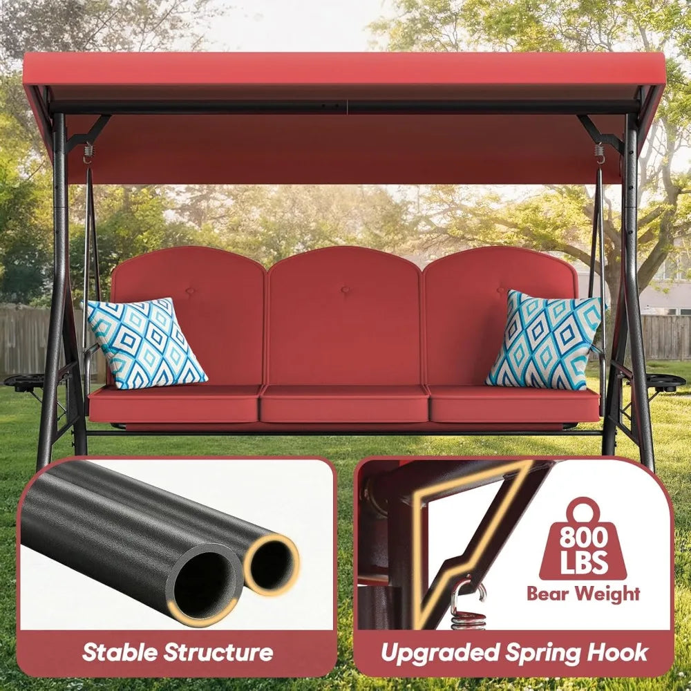 3 Seat Outdoor Porch Patio Swing with Stand 800lbs 2-in-1 Convertible Swing Bed with Adjustable Canopy & Removable Cushion