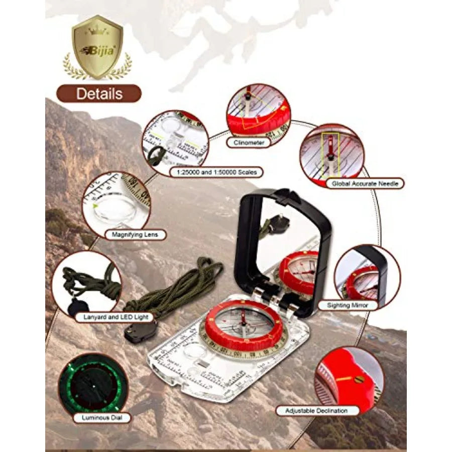 Orienteering Map Compass with Sighting Mirror Adjustable Declination Clinometer and LED Light for Hiking Camping Orienteering H