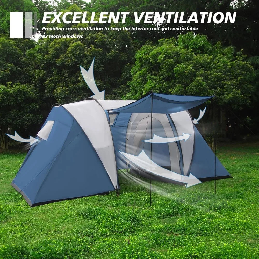 Family-Sized Weatherproof Camping Tent with Porch and Rainfly, 2-Room Easy Setup Shelter for 2-4 People