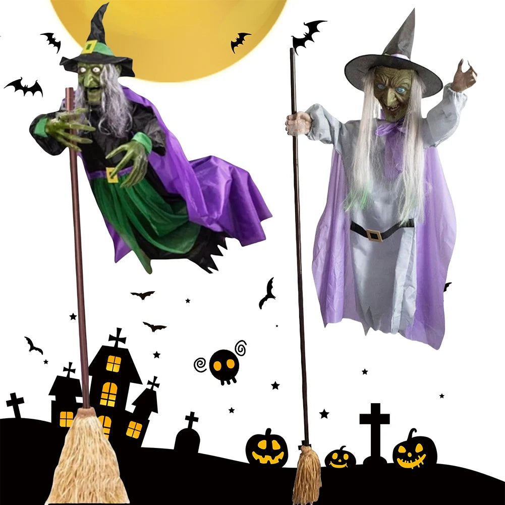 Halloween Flying Witch on Broom Decor with Luminous Eyes Animatronic Flying Witch Outdoor Hovering Witch for Garden Yard Lawn