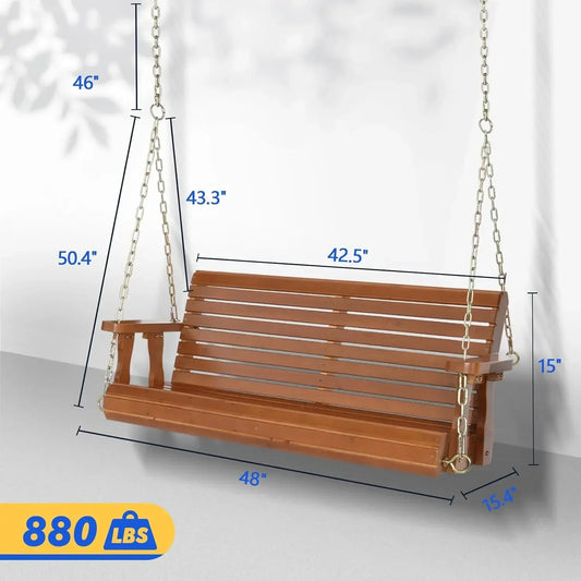 Heavy Duty 880 LBS Swing Chair Bench with Hanging Chains for Outdoors, Upgraded Patio Wooden Porch Swing (Brown, 4 FT)